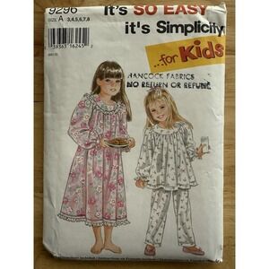Simplicity 9296 Nightgown Pajamas Yoke Easy Sew Pattern CUT Child 3 4 5 6 7 8
